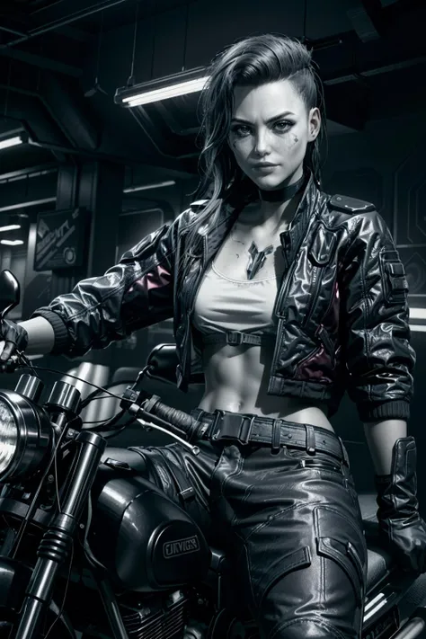 (masterpiece, best quality)
RogueCyberpunk, 1girl, solo, long hair, breasts, looking at viewer, gloves, sitting, jacket, monochrome, greyscale, small breasts, open clothes, choker, pants, fingerless gloves, open jacket, lips, ground vehicle, motor vehicle, realistic, leather, motorcycle, leather jacket
<lora:epi_noiseoffset2:1> <lora:add_detail:0.7> <lora:RogueCyberpunk:0.8>