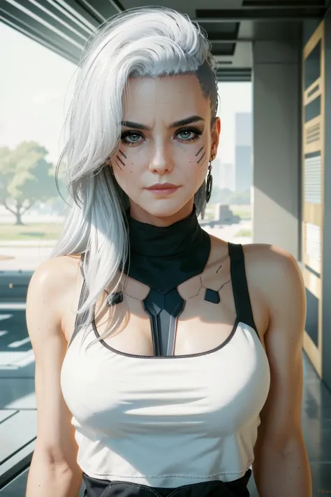 (Masterpiece:1.2), best quality, riven \(league of legends\), 1girl, sarashi, muscular female, abs, white hair, black eyeshadow, bare shoulders, upper body, potrait