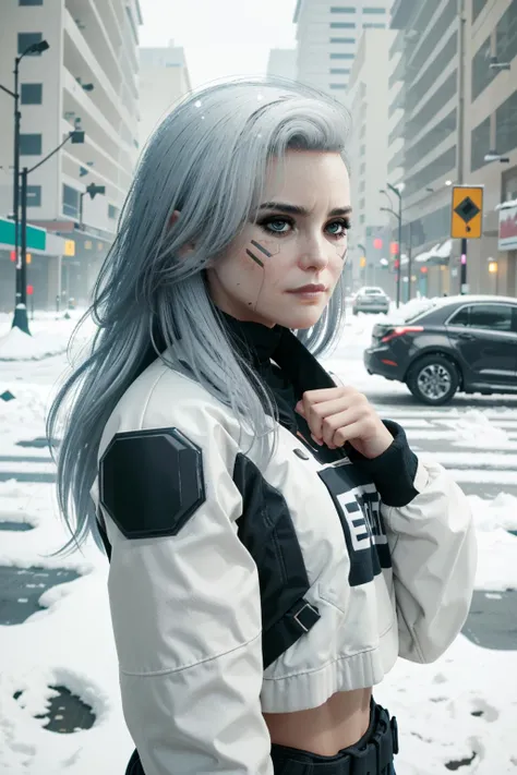 ((masterpiece, best quality))
 <lora:CyberRogueOld:0.8>
CyberRogueOld, 1girl, long hair, realistic, cyberpunk, white hair, make up, winter wonderland, twilight, soft and ethereal light reflecting off snow-covered landscapes