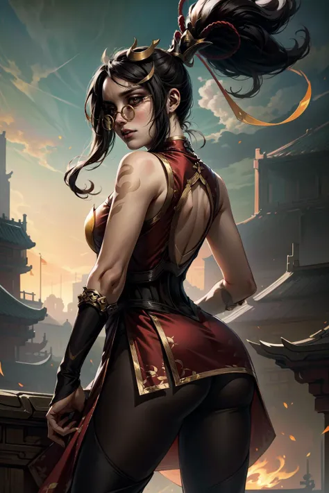 (Masterpiece:1.4), (best quality:1.2), <lora:firecracker_vayne-000014:1>, firecracker vayne, 1girl, glasses, china dress, hair ornament, ribbon, pantyhose, ponytail, upper body