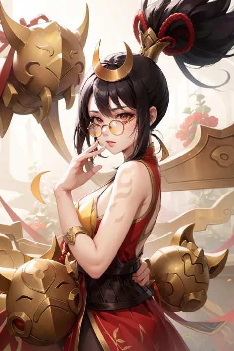 (Masterpiece:1.4), (best quality:1.2), <lora:firecracker_vayne-000014:1>, firecracker vayne, 1girl, glasses, china dress, hair ornament, ribbon, pantyhose, ponytail, upper body