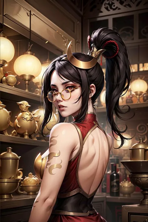 (Masterpiece:1.4), (best quality:1.2), <lora:firecracker_vayne-000014:1>, firecracker vayne, 1girl, glasses, china dress, hair ornament, ribbon, pantyhose, ponytail, upper body