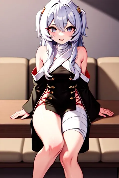 <lora:gwedaArtstyle_v10:0.7> gweda, thin thigh, slender, from head below legs, 1girl, solo, outdoor, in dining room, landscape
BREAK <lora:ribeyrollesV2-noise:1>origin,bandaged leg, bare shoulders, dress, white hair