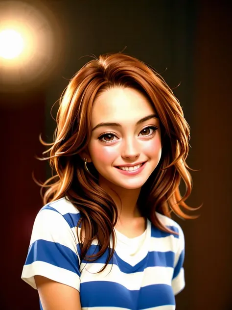 Realistic photo of a beautiful l1nds4yl woman, 1girl, solo, smile, brown hair, shirt, brown eyes, upper body, teeth, striped, grin, blurry, looking to the side, blurry background, striped shirt, realistic, soft lighting, professional Photography, Photorealistic, detailed, RAW, analog, sharp focus, 8k, HD, high quality, masterpiece<lora:l1nds4yl:1.0>