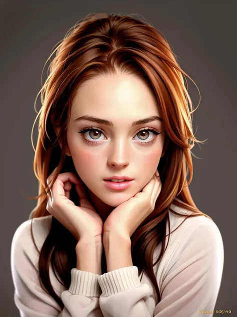 Realistic photo of a beautiful l1nds4yl woman, 1girl, solo, long hair, looking at viewer, simple background, brown hair, parted lips, teeth, grey background, lips, makeup, portrait, realistic, hands on own face, hands on own head, soft lighting, professional Photography, Photorealistic, detailed, RAW, analog, sharp focus, 8k, HD, high quality, masterpiece<lora:l1nds4yl:1.0>