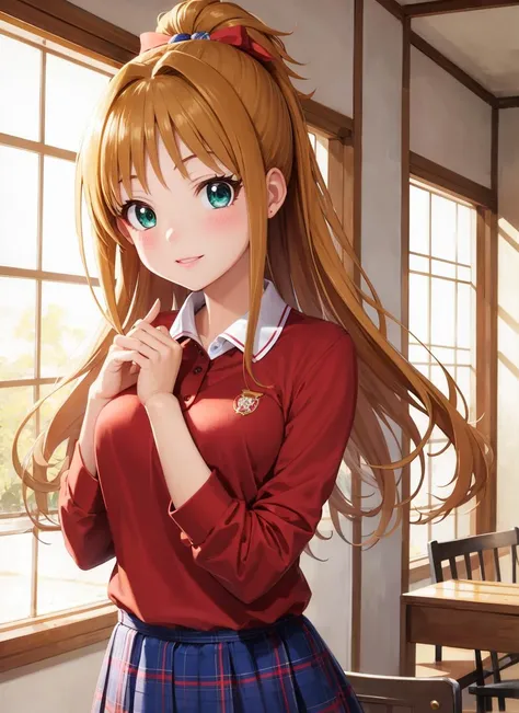 masterpiece, best quality, ultra-detailed, illustration, <lora:hino_akane-05:0.6>, hino_akane_\(idolmaster\), 1girl, solo, long hair, high ponytail, orange hair, green eyes, upper body, japanese, teen, red shirt, polo shirt, long sleeves, sleeves rolled up, blue skirt, plaid skirt