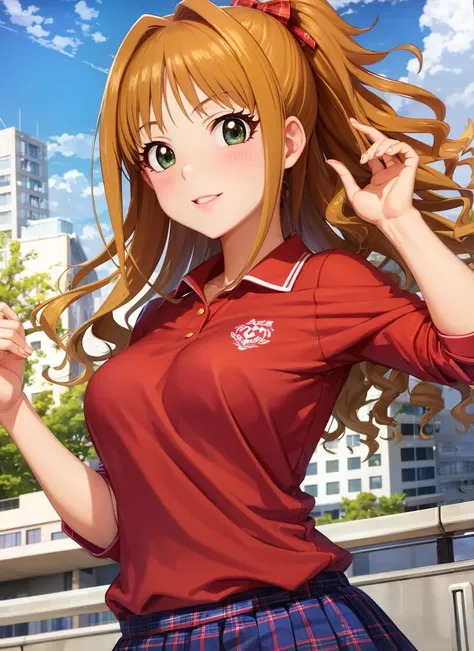 masterpiece, best quality, ultra-detailed, illustration, <lora:hino_akane-05:0.6>, hino_akane_\(idolmaster\), 1girl, solo, long hair, high ponytail, orange hair, green eyes, upper body, japanese, teen,  red shirt, polo shirt, long sleeves, sleeves rolled up, blue skirt, plaid skirt, idolmaster cinderella girls,