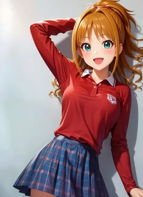 masterpiece, best quality, ultra-detailed, illustration, <lora:hinoAkaneTHEIdolmSTER_v10:0.6>, hino akane \(idolmaster\), 1girl, solo, long hair, high ponytail, orange hair, green eyes, upper body, red shirt, polo shirt, long sleeves, sleeves rolled up, blue skirt, plaid skirt, :d, ;3