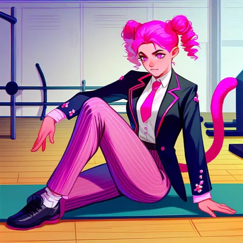 score_9_up, score_8_up, score_7_up, rating_safe, on one knee, 1girl, (panther girl), panther ears, panther tail, medium breasts, (pink hair), pink eyes, pink panther tail, pink ears, (pink business suit), (pink suit jacket), pink pinstripe pants, pink neck tie, inside, in a gym, source_anime, anime style