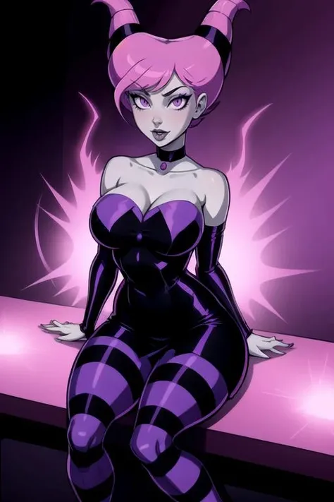 <lora:Jinx:0.8> JINXXX, 1girl, solo, long hair, breasts, looking at viewer, large breasts, sitting, purple eyes, collarbone, pink hair, purple hair, pantyhose, choker, tongue, striped, tongue out, pink eyes, makeup, colored skin, grey skin, striped pantyhose