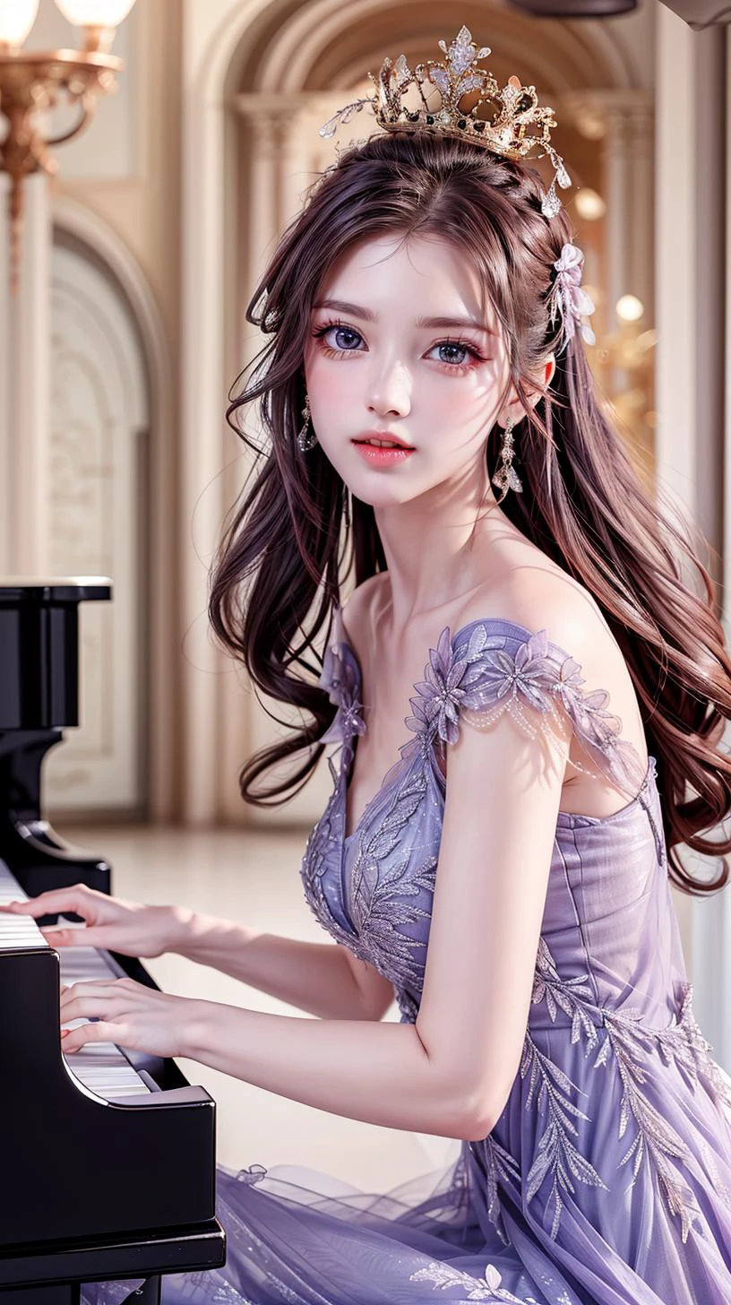 masterpiece,best quality,(detailed face, perfect face, perfect eyes, realistic eyes, perfect fingers),(clear face),fantasy girl,long hair,hair ornaments,looking at viewer,outdoors,intricate,high detail,sharp focus,dramatic,beautiful girl,(ballroom:1.3),playing piano,piano,knees up,
<lora:add_detail:0.8>,
<lora:Romantic brilliant violet_20230707135607:0.75> purple dress, crown,