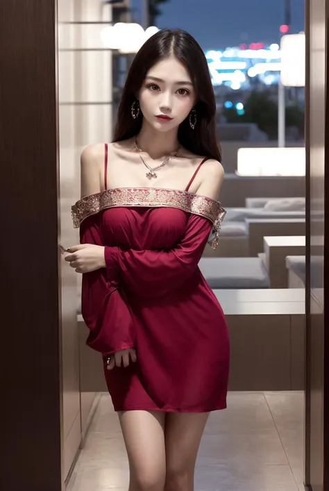 masterpiece,best quality,(Night:1.7),china,shanghai,CityView,(outdoors:1.3),city lights,skyscraper,street,close up,
1girl,jewelry,earrings,necklace,Standing at attention,pose,beautiful face,
<lora:more_details:0.6>,
<lora:Sensual red pajamas_20230702160759:0.7> red dress,crossed ribbon,