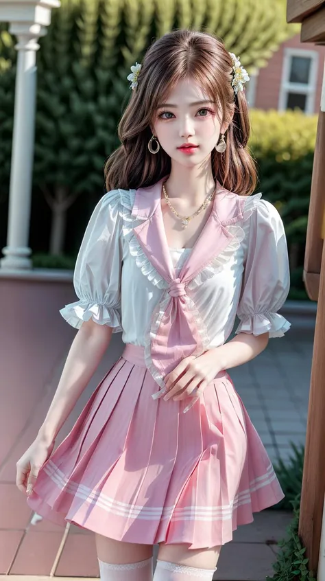 masterpiece,best quality,(detailed face, perfect face, perfect eyes, realistic eyes, perfect fingers),(clear face),fantasy girl,long hair,jewelry,earrings,looking at viewer,intricate,high detail,sharp focus,dramatic,beautiful girl,necklace,outdoors,standing,knees up,looking at viewer,white thighhighs,school building,  
<lora:add_detail:0.9>,
 <lora:Sweet girl dress1:0.75> pleated skirt,pink skirt,pink sailor collar,