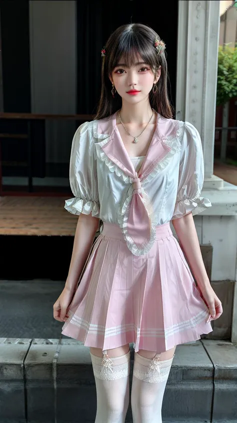 (Top Quality, 8k, 32k, Masterpiece, UHD: 1.2), 1 Girl, Beautiful Japan Woman, Thin Waist, High School, Standing (Girly Fashion), (Pastel Colors, Ruffled Clothes, Clothes with Ribbons, Floral Tulle Skirt, Blouse with Lace, Frilly Socks, Loafer Pumps), Cinematic Light, (Bite Pose: 1.2), (Smile at Whoever You Like)、