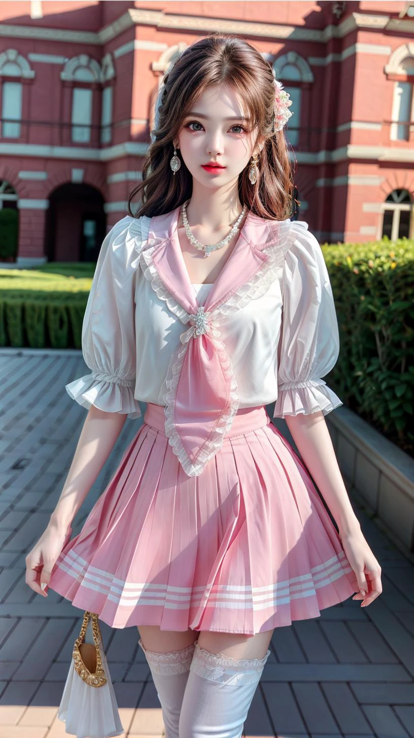 masterpiece,best quality,(detailed face, perfect face, perfect eyes, realistic eyes, perfect fingers),(clear face),fantasy girl,long hair,jewelry,earrings,looking at viewer,intricate,high detail,sharp focus,dramatic,beautiful girl,necklace,outdoors,standing,knees up,looking at viewer,white thighhighs,school building,
<lora:add_detail:0.9>,
<lora:Sweet girl dress1:0.75> pleated skirt,pink skirt,pink sailor collar,