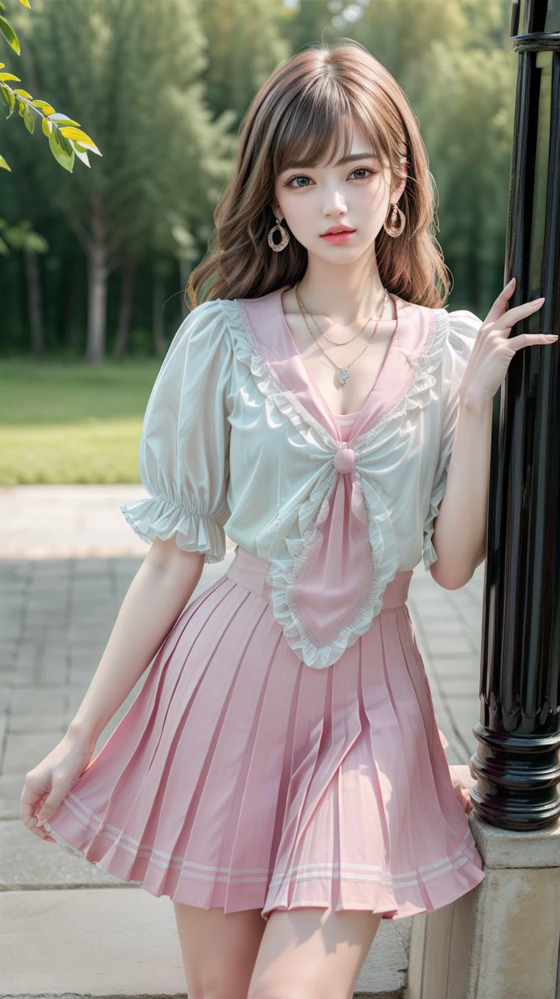 masterpiece,best quality,(detailed face, perfect face, perfect eyes, realistic eyes, perfect fingers),(clear face),fantasy girl,long hair,jewelry,earrings,looking at viewer,intricate,high detail,sharp focus,dramatic,beautiful girl,necklace,outdoors,standing,knees up,looking at viewer,
<lora:add_detail:0.9>,
<lora:Sweet girl dress1:0.75> pleated skirt,pink skirt,pink sailor collar,