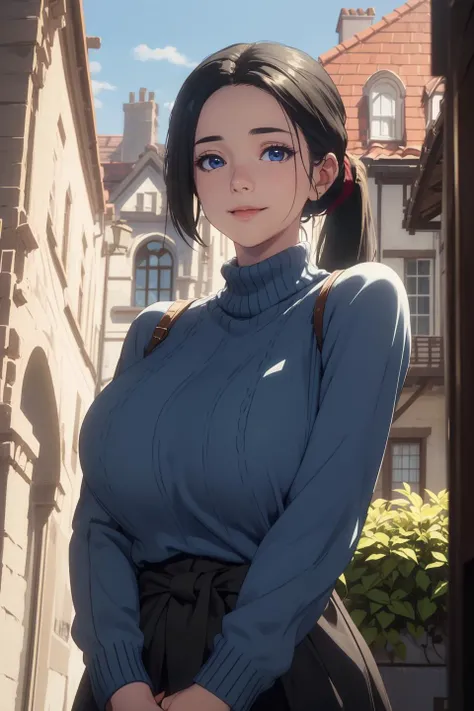 (masterpiece, best quality, unity 8k wallpaper, highres, absurdres, background), depth of field, perfect lighting, cinematic shadows, BREAK
 (super_perfect_good anatomy head face fingers arms hands, slender:1.3, constricted waist:1.3), solo, BREAK
 (super_beautiful_detailed 1milf saggy_gigantic_very_long_breasts black_long_hair ponytail blue_kind_eyes face nose mouth skin sweater:1.2), haruhiko_ichijou_mother, <lora:haruhiko_ichijou_mother:0.6>, BREAK
 (service scenery background super_amazing_match:1.2), temptation, In heat, light smile, looking at viewer, from below