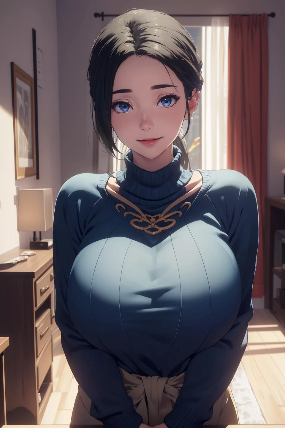 nsfw, (masterpiece, best quality, unity 8k wallpaper, highres, absurdres, background), depth of field, perfect lighting, cinematic shadows, BREAK
(super_perfect_good anatomy head face fingers arms hands, slender:1.3, constricted waist:1.3), solo, BREAK
(super_beautiful_detailed 1milf saggy_gigantic_very_long_breasts black_long_hair ponytail blue_kind_eyes face nose open_mouth skin sweater:1.2), haruhiko_ichijou_mother, <lora:haruhiko_ichijou_mother:0.6>, BREAK
(service scenery background super_amazing_match:1.2), temptation, In heat, light smile, looking at viewer, from below, Indoor