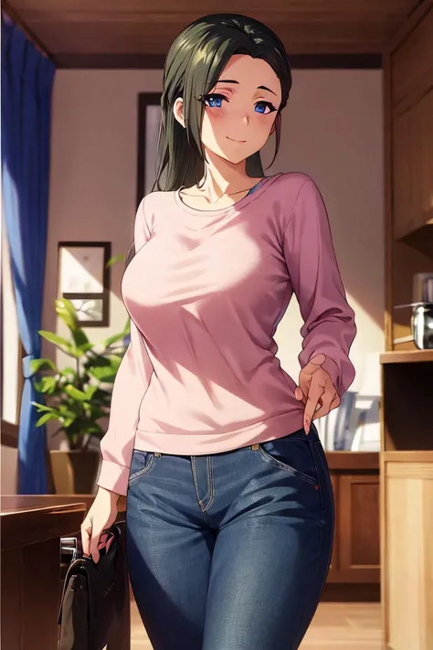 masterpiece, (best quality), 1woman,1girl ,haruhiko_ichijou_mother, black hair, long hair, (blue eyes),casual clothes, sweater,big breasts ,, ,sexy woman,smile, hair between eyes, long sleeves,closed clothes, embarrassed,blush, pants, vibrant colors ,natural lighting ,RTX, , beautiful, (detailed face:1.2), showcase, (perfect eyes:1.1) ,(photorealistic:1.1), 8k uhd, looking at viewer, indoors, simple backround,