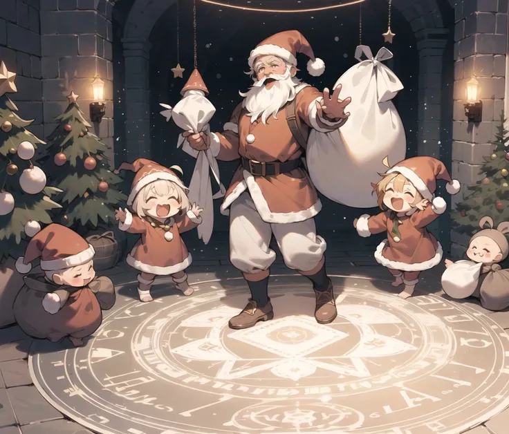 colorful,
3kids, (,multiple_kids :1.2) (toddler_child:1.3)
(chibi:1.2),dwarf,messy_hair,,ahoge,
friends,
, musical note,&j
happy,:3, pants,beanie,fur trim,
kigurumi,
playing,
cute,
(santa claus:1.1), santa costume, (old man:1.1), christmas tree, merry christmas,long beard, 
open mouth,(sack:1.1) ,holding sack, holding sack,chibi,:d,santa hat  ,(in sack:1.2) <lora:orcNestCircle:0.4> 6+boys,muscular male,full body,foot on glowing magic circle,standing on glowing magic circle,indoors,party,sing