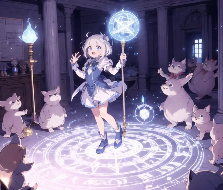 colorful,
friends,
, musical note,&j
happy,:3,
magical girl, cane,wand,staff, glowing magic circle,<lora:glowing:-0.4> perspective, (aura:1.1),orb,
<lora:orcNestCircle:0.4> 1girl,full body,foot on glowing magic circle,standing on glowing magic circle,indoors,mascot animal, cute