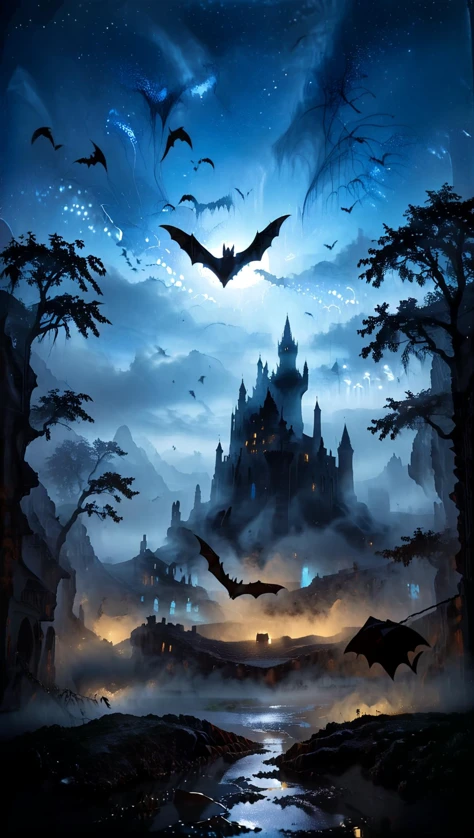 The painting depicts a starry night sky its deep blue hue stretching out into infinity. A silhouetted bat can be seen flying across the canvas, adding a sense of movement and drama to the scene. In the foreground there is a mysterious castle in a fog-covered plain shrouded in darkness and illuminated only by the grandiose dark light that bathes everything in its glow. The overall atmosphere is one of enchantment and mystery, with an air of timelessness and otherworldliness pervading every aspect of the image. This is a truly breathtaking portrayal of a summer night sky, where the beauty of nature and the power of imagination combine to create something truly magical.
<lora:zavy-slhtt-sdxl:1> zavy-slhtt, black silhouette <lora:MJ52:0.7> <lora:zavy-mthcl-sdxl:1> zavy-mthcl