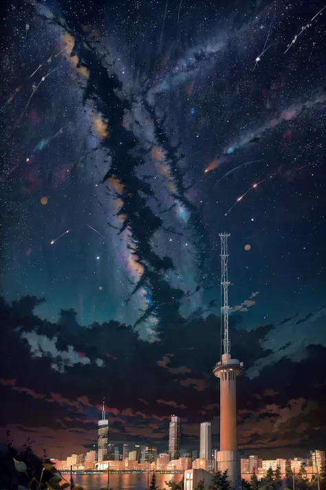 no humans, sky, star (sky), scenery, starry sky, night, night sky, outdoors, building, cloud, milky way, tree, long hair, city, cityscape <lora:Liliaceae-pynoiseloha-000007:1>