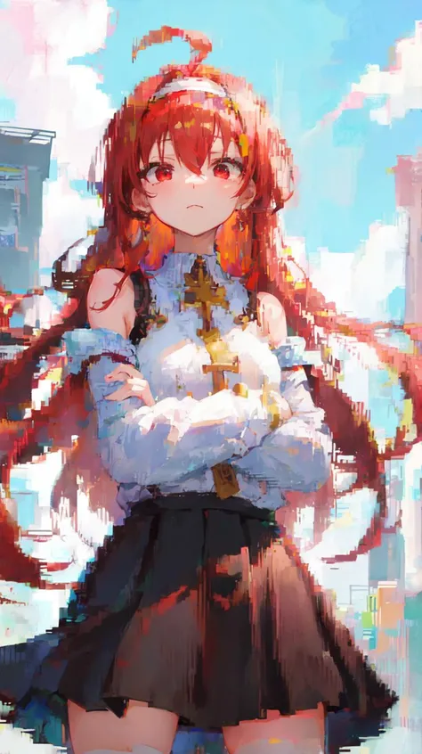 <lora:eris_v6:1> eris greyrat, 1girl, ahoge, bangs, bare shoulders, black hairband, brown skirt, closed mouth, clothing cutout, crossed arms, hair between eyes, hairband, long hair, long sleeves, looking at viewer, red eyes, red hair, shoulder cutout, simple background, skirt, solo, highres, haaam, mushoku tensei