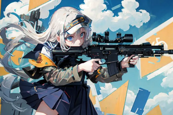 masterpiece,best quality, lens flare, depth of field, (close-up:1.3), (wide shot, fisheye:0.85), facefocus,
1girl ,standing, blue long hair, school uniform,pleated skirt, (holding weapon, holding rifle,aiming,aim:1.2),
gun, h&k hk416, carbine, open fire, firing,
sunny,blue sky,cloudy sky,city,street,road sign, skyscraper,
<lora:HK416-v2-000014:0.7>