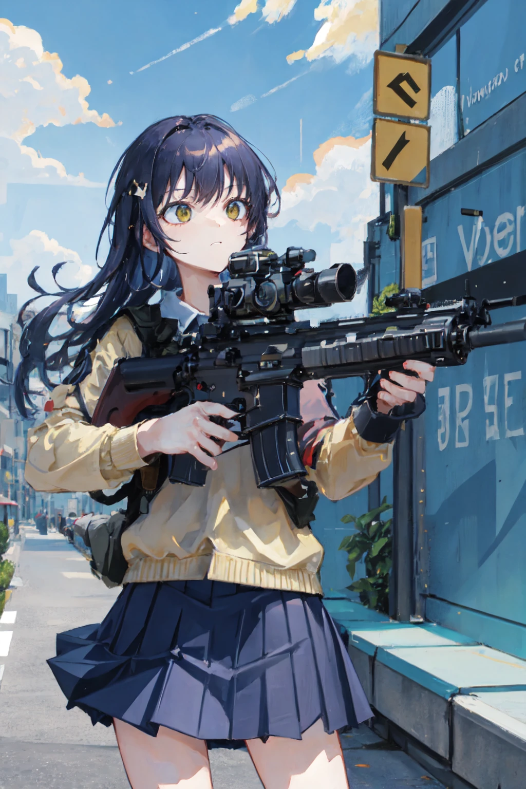 masterpiece,best quality, lens flare, depth of field, (close-up:1.3), (wide shot, fisheye:0.85), facefocus,
1girl ,standing, blue long hair, school uniform,pleated skirt, (holding weapon, holding rifle,aiming,aim:1.2),
gun, h&k hk416, carbine, open fire, firing,
sunny,blue sky,cloudy sky,city,street,road sign, skyscraper,
<lora:HK416-v2:0.7>
