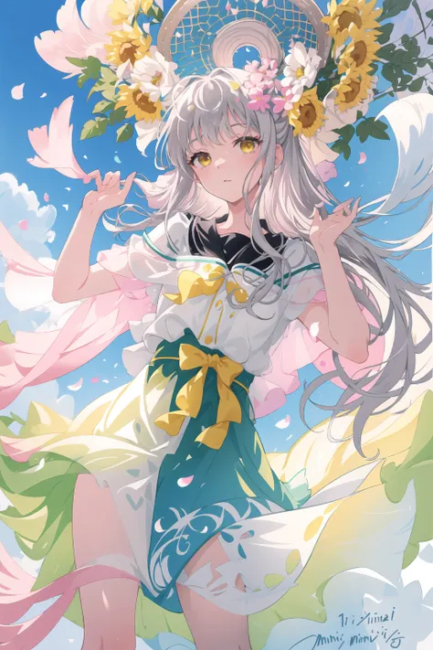 (flat color:0.9),(colorful:1.1),(masterpiece:1,2), best quality, masterpiece, highres, original, extremely detailed wallpaper, looking at viewer, minato_yukina, 1girl, solo, grey hair, yellow eye, Beautiful girl, Freshness, Natural beauty, Floral scenery, Summer, Outdoors, Relaxation, Watercolor painting, Hand-drawn, Graceful, Soft, Bright, Elegant, Fresh, Light, Pink, Green, Gentle, Captivating, Relaxed, Natural, Standing, Transparency, Natural light, Flowing hair, Scattered petals, Gaze towards the viewer,Portrait  <lora:minatoyukinaV00:0.6>