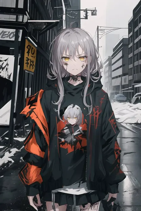 (masterpiece:1,2), best quality, masterpiece, highres, original, extremely detailed wallpaper, looking at viewer, minato_yukina, 1girl, solo, grey hair, yellow eye, Beautiful girl, Singer, Desolate, Miserable, Lonely, Disenchanted, Disillusioned, Disheartened, Cynical, Jaded, Rebellious, Unapproachable, Tough, Resilient, Bold, Dark, Muted, Brooding, Moody, Ambivalent, Irreverent, Defiant, Contemptuous, Independent, Alienated, Unforgiving, Isolated, Gothic, Edgy, Dark, Derelict, Grunge, Streetwear, Punk, Distressed, Graphic, Distorted, Intense, Urban, Industrial, Stark, Cold, Stark, Moody, Gritty, Urban Decay, Portrait, <lora:minatoyukinaV00:0.6>