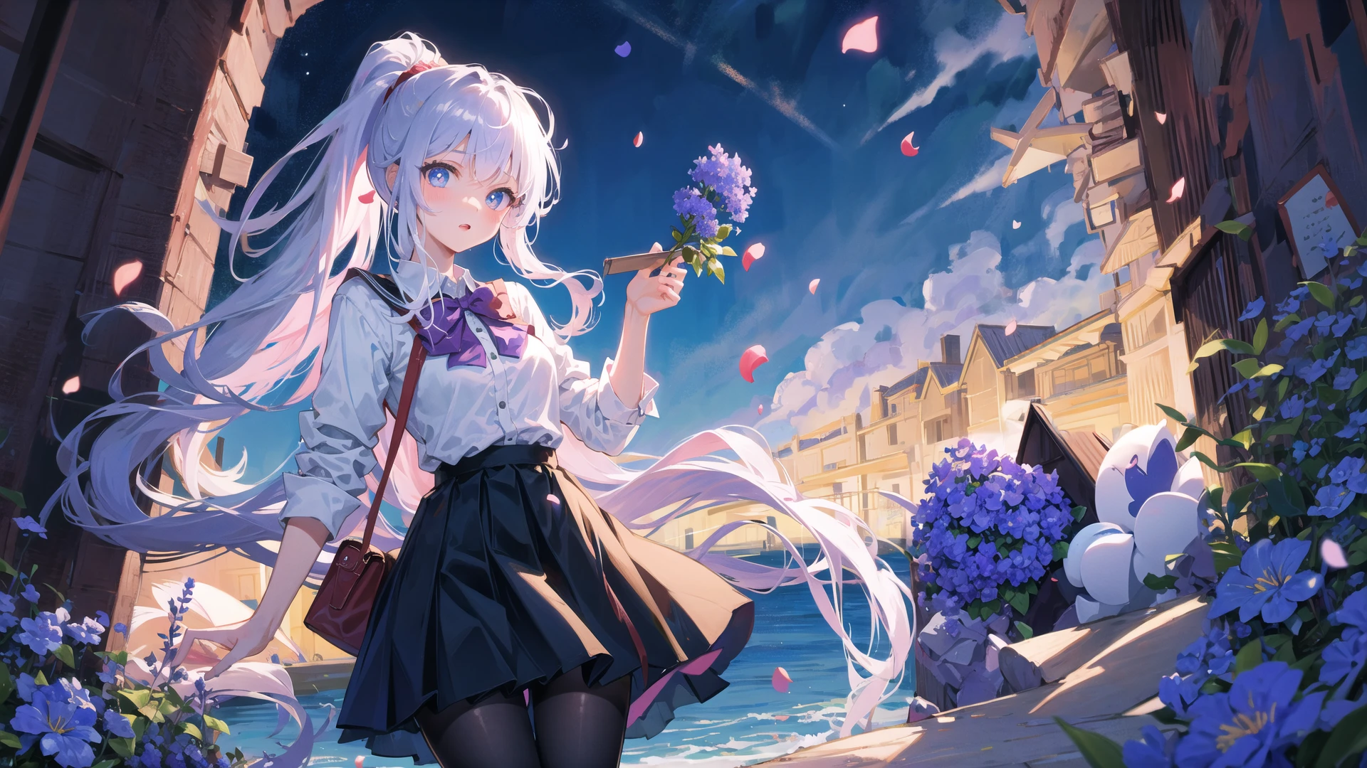 best quality, masterpiece,
Illustration, Wallpaper,1girl, solo, school uniform, white shirt, black skirt, light hair, semi-long hair, beautiful detailed girl, extremely detailed eyes and face, beautiful detailed eyes, shy, natural_lighting, glow,nsfw, clean sky, looking at viewer, outdoors, night sky, star \(sky\), loafers, black pantyhose, blue bowtie, straight hair, purple petals, purple and blue flowers, red pupil, ponytail, blue ribbon,white hair, thick_thighs, large breasts, red eyes,