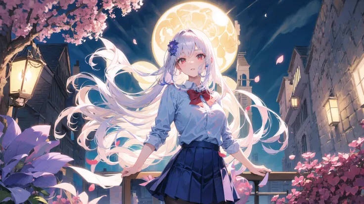 best quality, masterpiece,
Illustration, Wallpaper,1girl, solo, school uniform, skirt, semi-long hair, beautiful detailed girl, extremely detailed eyes and face, beautiful detailed eyes, shy, natural_lighting, glow, nsfw, clean sky, looking at viewer, outdoors, night sky, star \(sky\), loafers, pantyhose, blue bowtie, straight hair, purple petals, purple and blue flowers, hair ornament, white hair, thick_thighs, large breasts, red eyes,