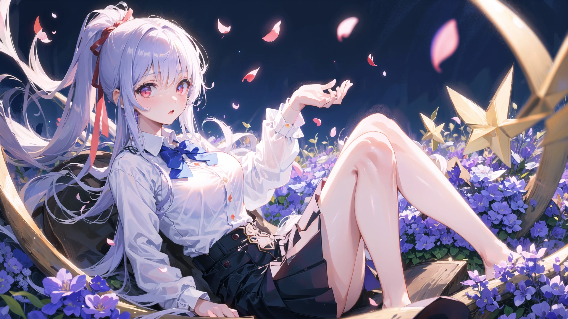 best quality, masterpiece,
Illustration, Wallpaper,1girl, solo, school uniform, skirt, semi-long hair, beautiful detailed girl, extremely detailed eyes and face, beautiful detailed eyes, shy, natural_lighting, glow, nsfw, clean sky, looking at viewer, outdoors, night sky, star \(sky\), loafers, pantyhose, blue bowtie, straight hair, purple petals, purple and blue flowers, hair ornament, white hair, thick_thighs, large breasts, red eyes,, masterpiece, best quality, ultra-detailed, illustration, close-up,a girl, solo, shirt, skirt, white hair, hair ribbon, red eyes, long hair, white shirt, black skirt, blue bowtie, indigo bowtie, deep blue bowtie, hair between eyes, looking at viewer, white collared shirt, upper body, depth of field, deep purple sky,hands in pockets, school uniform, nsfw, large breasts, expressionless, detailed eyes description, detailed face description, glow, detailed eyelashes, standing, detailed glow, natural light, neat hair, night sky, twinkling stars, shooting star, cloudless, starry sky, breezeless