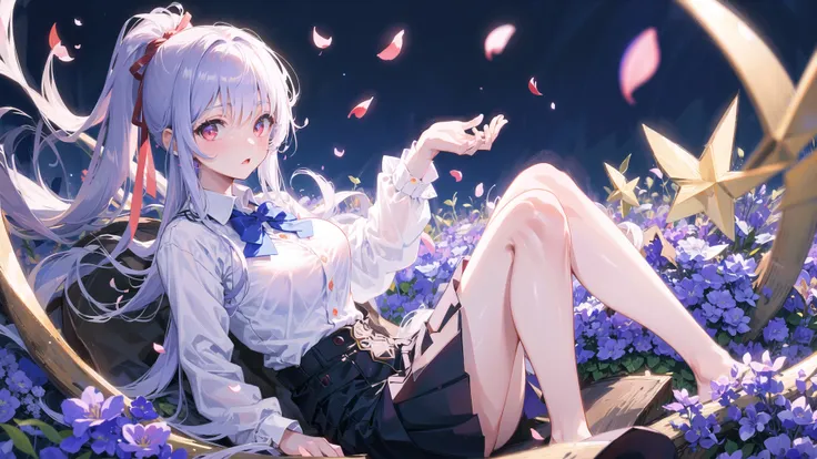 best quality, masterpiece,
Illustration, Wallpaper,1girl, solo, school uniform, skirt, semi-long hair, beautiful detailed girl, extremely detailed eyes and face, beautiful detailed eyes, shy, natural_lighting, glow, nsfw, clean sky, looking at viewer, outdoors, night sky, star \(sky\), loafers, pantyhose, blue bowtie, straight hair, purple petals, purple and blue flowers, hair ornament, white hair, thick_thighs, large breasts, red eyes,, masterpiece, best quality, ultra-detailed, illustration, close-up,a girl, solo,  shirt, skirt,  white hair,  hair ribbon, red eyes, long hair, white shirt,  black skirt, blue bowtie, indigo bowtie, deep blue bowtie, hair between eyes, looking at viewer, white collared shirt, upper body, depth of field, deep purple sky,hands in pockets,  school uniform, nsfw, large breasts, expressionless, detailed eyes description, detailed face description, glow, detailed eyelashes,  standing, detailed glow, natural light, neat hair, night sky, twinkling stars, shooting star, cloudless, starry sky, breezeless