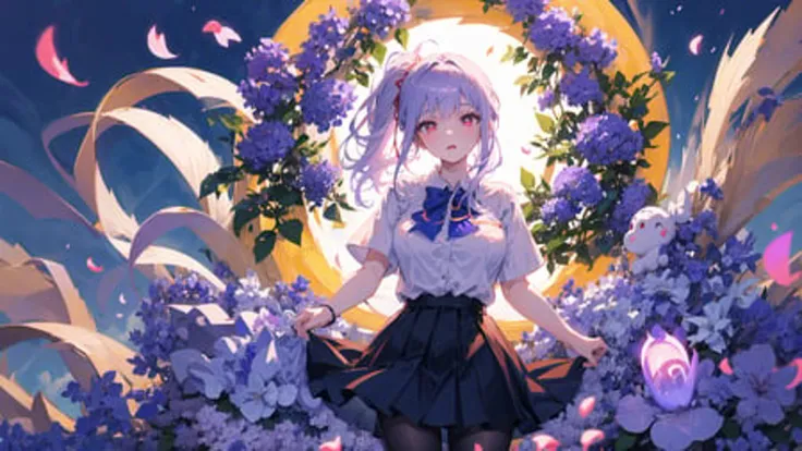 best quality, masterpiece,
Illustration, Wallpaper,1girl, solo, school uniform, white shirt, black skirt, light hair, semi-long hair, beautiful detailed girl, extremely detailed eyes and face, beautiful detailed eyes, shy, natural_lighting, glow,nsfw, clean sky, looking at viewer, outdoors, night sky, star \(sky\), loafers, black pantyhose, blue bowtie, straight hair, purple petals, purple and blue flowers, red pupil, ponytail, blue ribbon,white hair, thick_thighs, large breasts, red eyes,