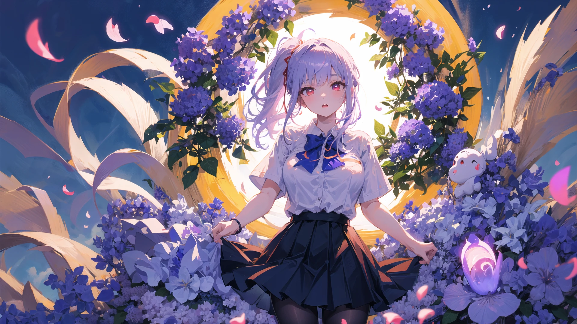 best quality, masterpiece,
Illustration, Wallpaper,1girl, solo, school uniform, white shirt, black skirt, light hair, semi-long hair, beautiful detailed girl, extremely detailed eyes and face, beautiful detailed eyes, shy, natural_lighting, glow,nsfw, clean sky, looking at viewer, outdoors, night sky, star \(sky\), loafers, black pantyhose, blue bowtie, straight hair, purple petals, purple and blue flowers, red pupil, ponytail, blue ribbon,white hair, thick_thighs, large breasts, red eyes,