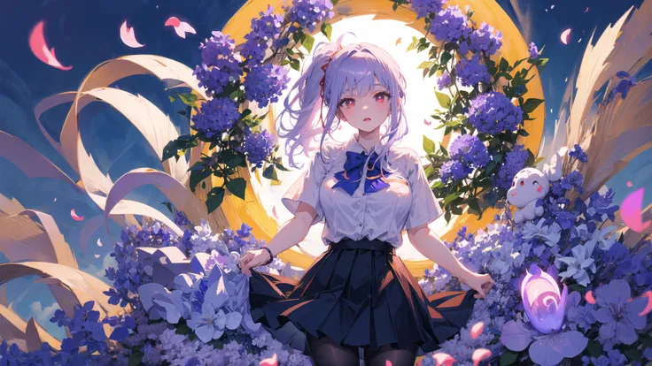 best quality, masterpiece,
Illustration, Wallpaper,1girl, solo, school uniform, white shirt, black skirt, light  hair, semi-long hair, beautiful detailed girl, extremely detailed eyes and face, beautiful detailed eyes, shy, natural_lighting, glow,nsfw, clean sky, looking at viewer, outdoors, night sky, star \(sky\), loafers, black pantyhose, blue bowtie, straight hair, purple petals, purple and blue flowers, red pupil, ponytail, blue ribbon,white hair, thick_thighs, large breasts, red eyes,