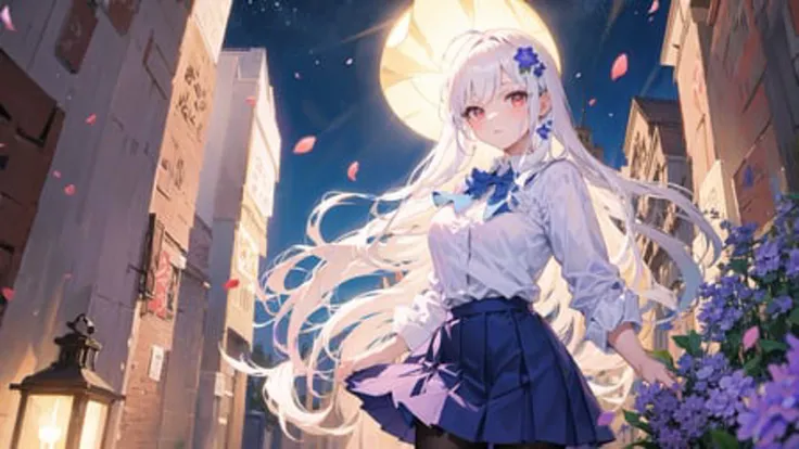 best quality, masterpiece,
Illustration, Wallpaper,1girl, solo, school uniform, skirt, semi-long hair, beautiful detailed girl, extremely detailed eyes and face, beautiful detailed eyes, shy, natural_lighting, glow, nsfw, clean sky, looking at viewer, outdoors, night sky, star \(sky\), loafers, pantyhose, blue bowtie, straight hair, purple petals, purple and blue flowers, hair ornament, white hair, thick_thighs, large breasts, red eyes,