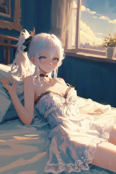 best quality, masterpiece, Illustration, Wallpaper,1girl, solo, lace trim dress, long hair,beautiful detailed girl, extremely detailed eyes and face, beautiful detailed eyes, shy, natural_lighting,bright sunshine,nsfw,clean sky,wet:1.6,looking at viewer, on the bed, shy, lying on bed, stockings, shy, side ponytail, white hair, choker, natural large breasts,