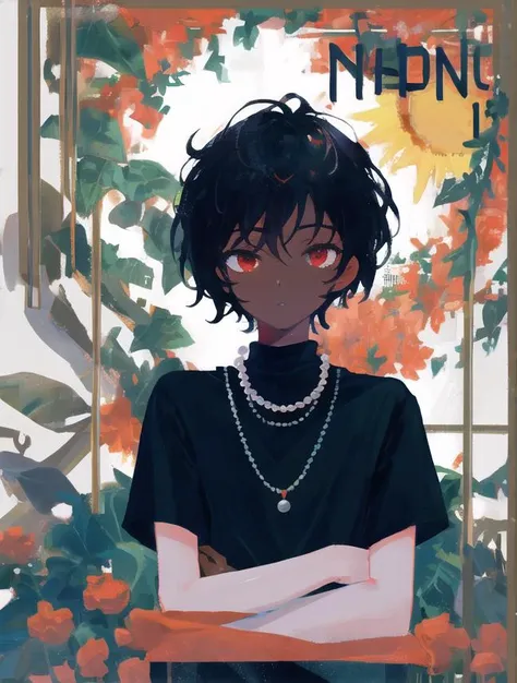 1 dark skin boy hugging a plant, red eyes, impressionism,  pearl necklace, short black hair, black shirt,  sunshine, white background, best quality, masterpiece, highres, original, extremely detailed wallpaper, looking at viewer, Portrait,  <lora:poster_girl:1> <lora:wontonColorbox_v10Fp16:1>