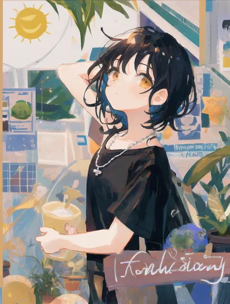 1 girl, impressionism, pearl necklace, short black hair, black shirt, one hand holding a plant, sunshine, white background, depth of scene, (kofune ushio), <lora:poster_girl:1> <lora:wontonColorbox_v10Fp16:1>