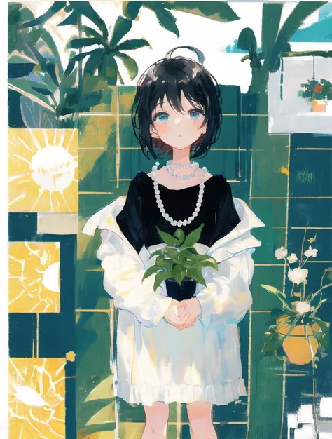 1 girl, impressionism, pearl necklace, short black hair, black shirt, one hand holding a plant, sunshine, white background, depth of scene, (kofune ushio), <lora:poster_girl:1> <lora:wontonColorbox_v10Fp16:1>
