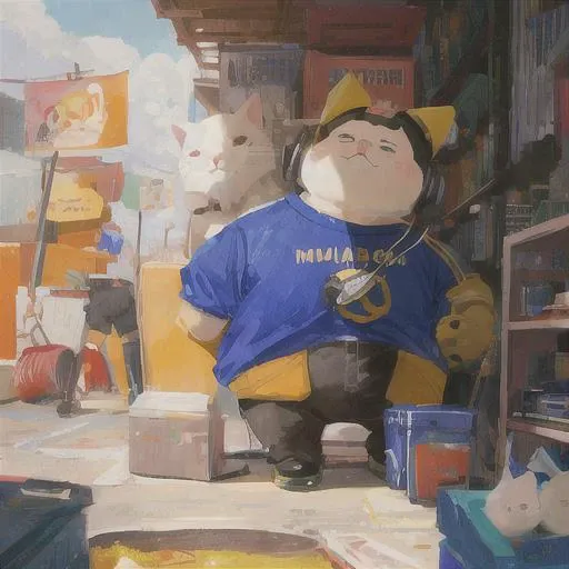 anthropomorphic fat cat listening to music, headphones , holding mp3 player, best quality, masterpiece, ,high quality, ,highres, ,absurdres, __art global illumination, baseball jersey,