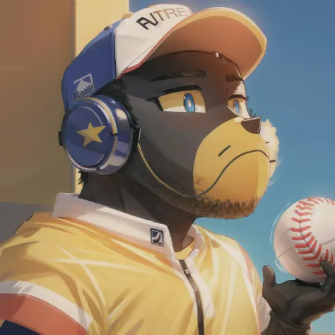 anthropomorphic fat cat listening to music, headphones , holding mp3 player, best quality, masterpiece, ,high quality, ,highres, ,absurdres, __art global illumination, baseball jersey, baseball cap,