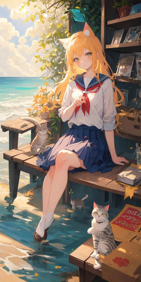 masterpiece, best quality, portrai,tultra-detail, illustration, close-up,straight shot, 1girl, (solo:1.3), long hair, cat ears, school uniform, sitting on a bench, box, shelf, ocean, cat, dream_like, sunny day, sunlight, 
 focus on face, focus on hair, lens_flare, chiaroscuro