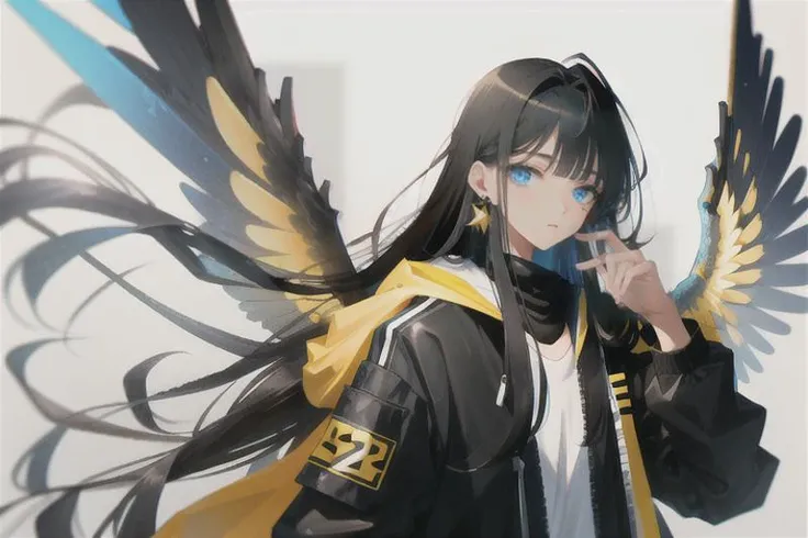 score_9, score_8_up, score_7_up, (best quality, masterpiece:1.2, perfect face), 1girl, earrings, jewelry, long hair, face focus, beautiful hair, perfect hair, a person's hand, <lora:add-detail-xl:3>, angel wings, techwear, white hair, black hair, multiple color hair, very long hair, white background,