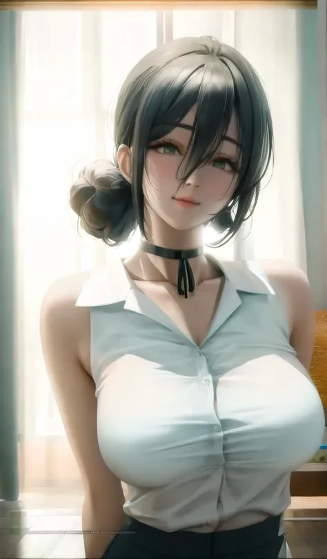 masterpiece, best quality, perfect anatomy, Necklace, Perfect hands, indoors, 8K, 4k, Photorealism, Extremely detailed UHD wallpapers, Real skin texture, Visible pores, Ultra Detailed, Official Art, Dynamic poses, Super focused, 100mm lens, 5 fingers, character_cut__Chainsaw_man_, Sakimichan, Large target (((Large Breasts、Breast sagging、Low-cut,Cleavage ,Wide hips,)))((Long legs)),Hourglass figure))