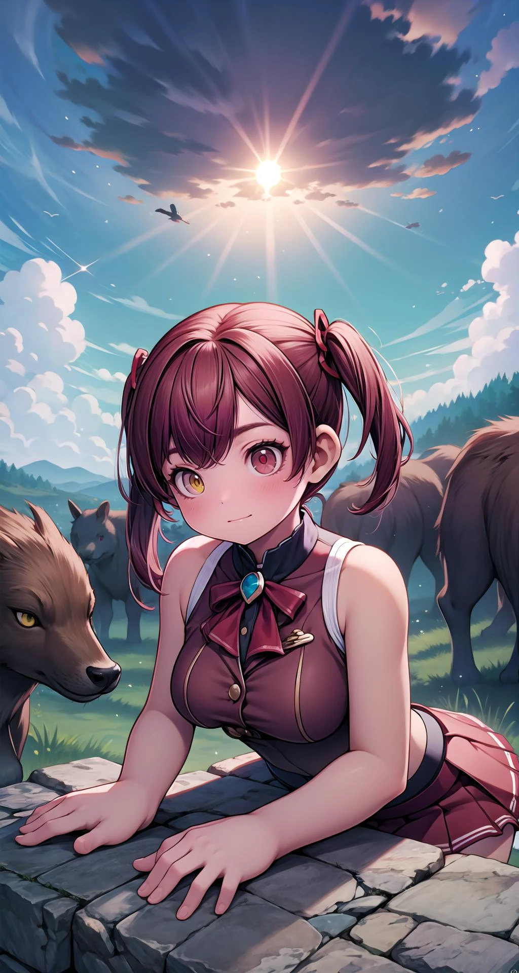 (masterpiece),(intricate details),1girl,mature female,pale skin,huge breasts:1.49,drunk _face,
BREAK
marinehoushou, <lora:marinehoushoutest:1>, BREAK marine houshou, red hair, twintails, heterochromia, (red eyes:1.5), (yellow eyes:1.5), hair ribbon, BREAK bare shoulders, brown leotard, brown thighhighs, covered navel, cropped jacket, grey shirt, jacket, leotard, leotard under clothes, pleated skirt, red jacket, red ribbon, (red skirt:1.5), ribbon, shirt, skirt, sleeveless, sleeveless jacket, sleeveless shirt, thighhighs|,
((sit on the A vast expanse of rolling plains reveals herds of wild animals in their natural habitat, their synchronized movements creating a mesmerizing spectacle of wildlife.)),((upper body,portrait)),from above:1.2,depth of field,looking at viewer
BREAK
day,sun,rainbow,((cumulonimbus)),
<lora:maplestory_2_ver1:0.7>